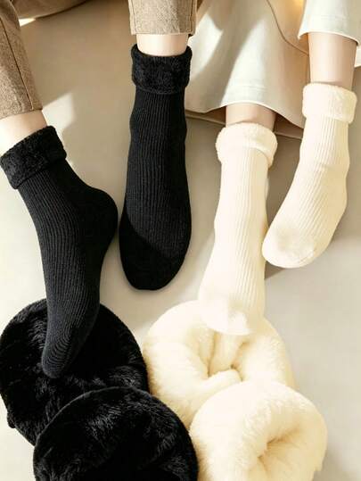5 Pairs Women's Solid Black & White Vertical Striped Mid-Calf Socks, Casual Thick Warm Non-Binding Socks For Autumn/Winter