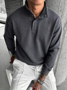 Men's Autumn/Winter Fashion Classic Button Loose Drop Shoulder Lapel Sweatshirt, Suitable For Daily Social Wear - Dark Grey - View 2