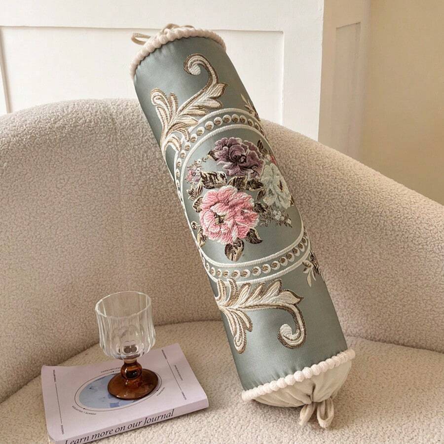 1pc Floral Embroidered Pillow Case, Cylindrical Candy Pillow Case, Without Pillow Insert