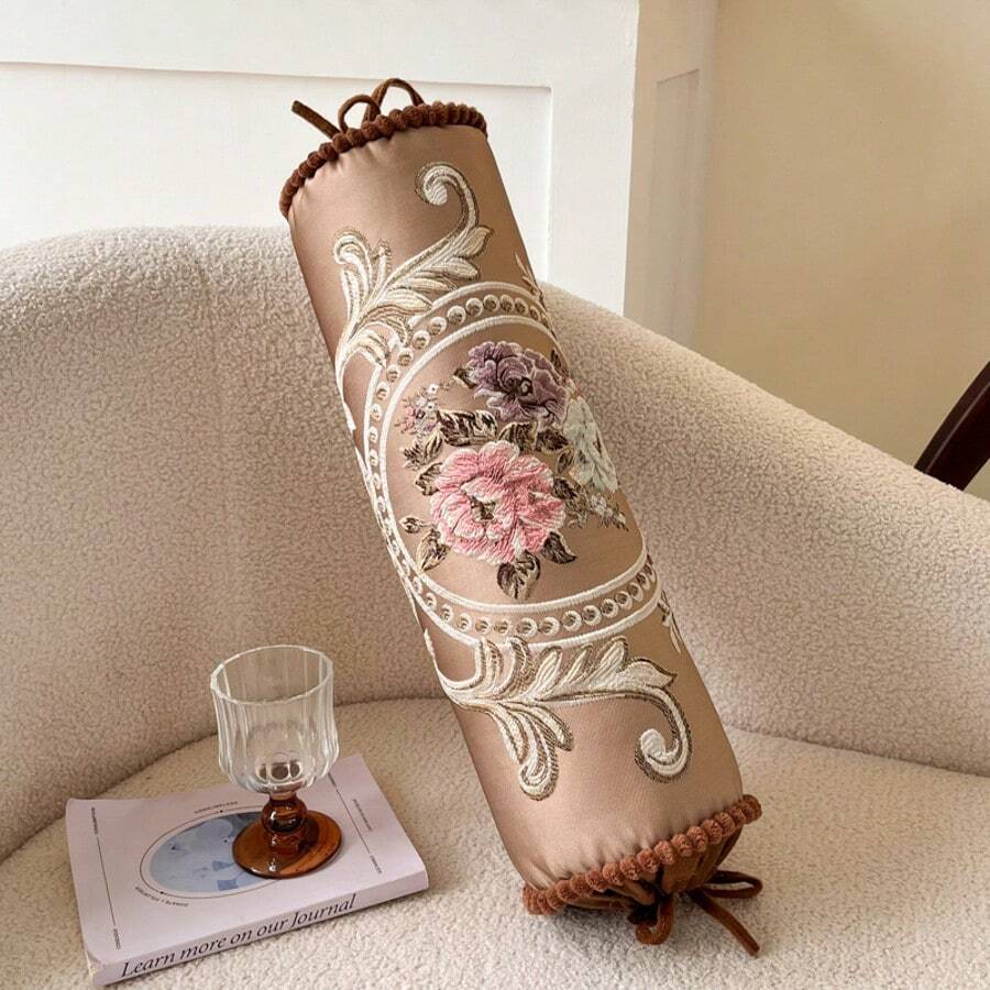1件花卉刺繡枕套，圓柱形糖果枕套，不含枕芯