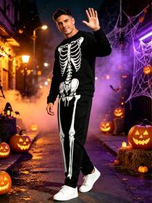 2pcs Men Halloween Skeleton Print Crew Neck Sportswear Set, Casual Sweatshirt And Pants Suit, Suitable For Party And Sports,Fall Clothes - Black - View 1