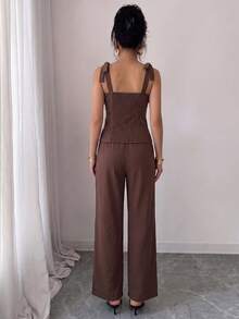 Women's Summer Coffee Brown Halter Top + High Waist Wide Leg Pants 2 Pieces Set - Brown - View 2