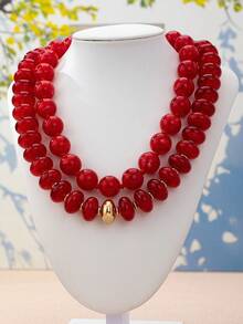 OABE 2pcs/Set Bohemian Style Elegant Red Round And Oval Beaded Layered Necklace, Suitable For Women's Daily Wear - Redwood - View 7