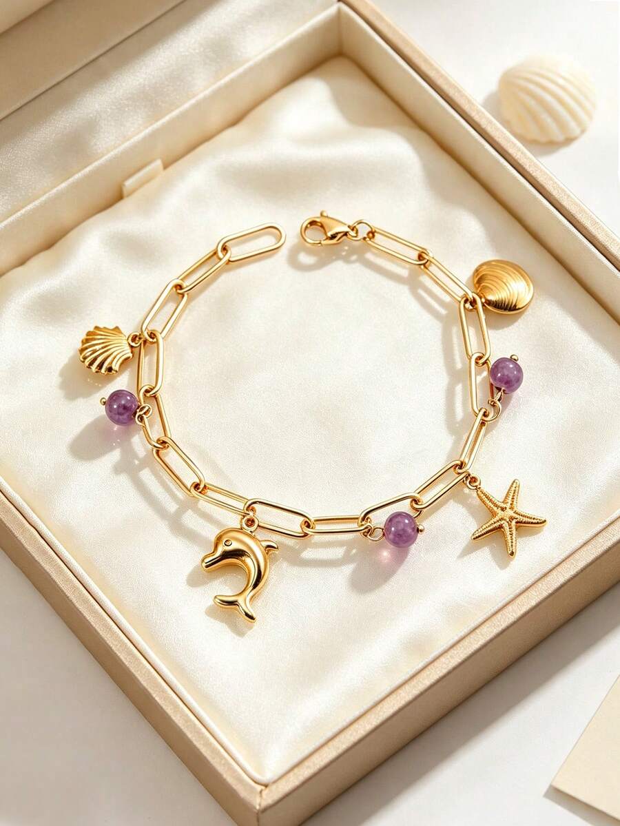 1pc Gold Color Starfish Bracelet Shell Dolphin Charm Women Handmade Metal Ocean Style Pendant Beach Bracelet Summer Jewelry H945 - Bracelet - View 1
