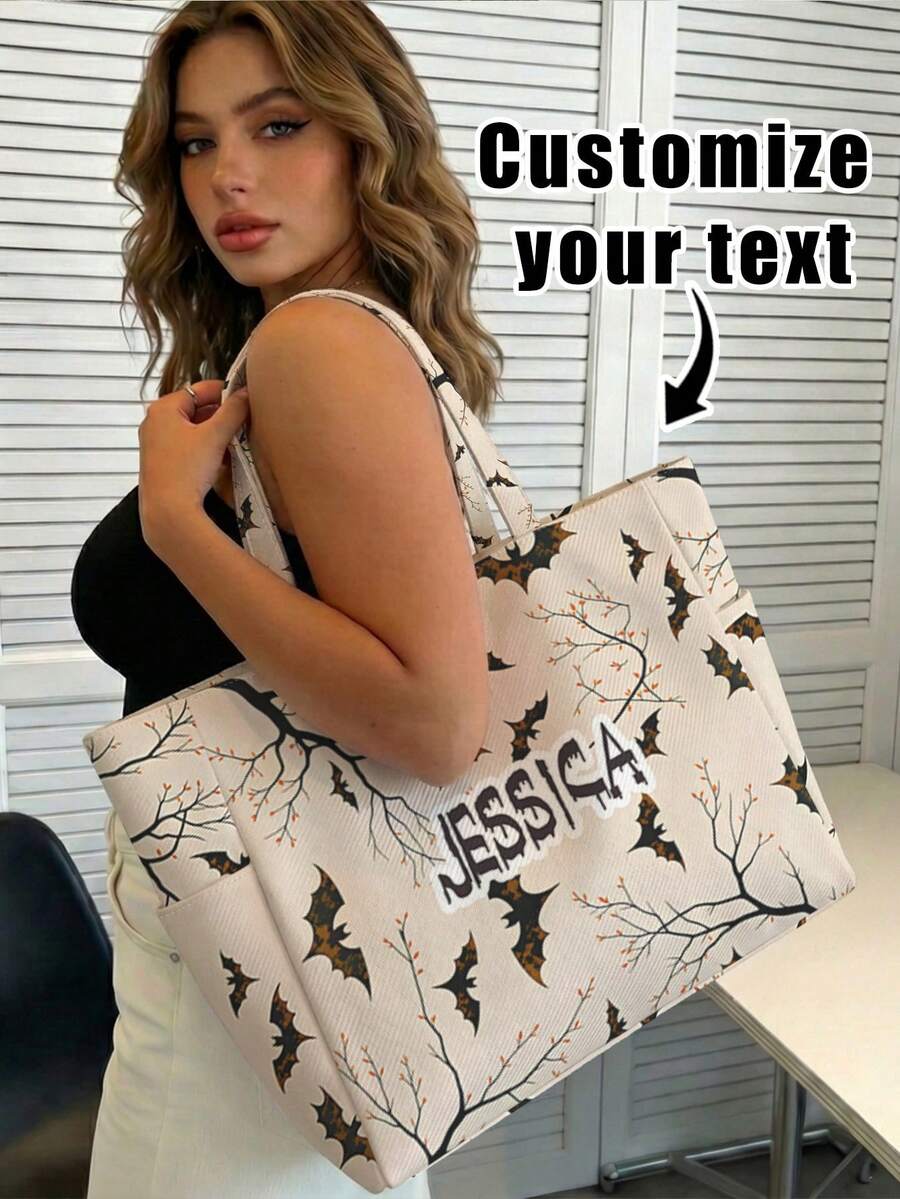 1pc Customized Text/Name Halloween Bat Print Tote Bag, Zipper Closure Large Capacity Multi-Pocket Shoulder Handbag, Portable Commute Travel Shopping Bag - Multicolor - View 1