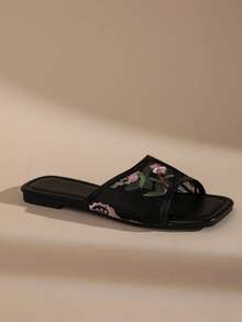 French Embroidery Lace Ruffle Square Toe Flat Slide Sandals For Women, Fairy Style - Black - View 5