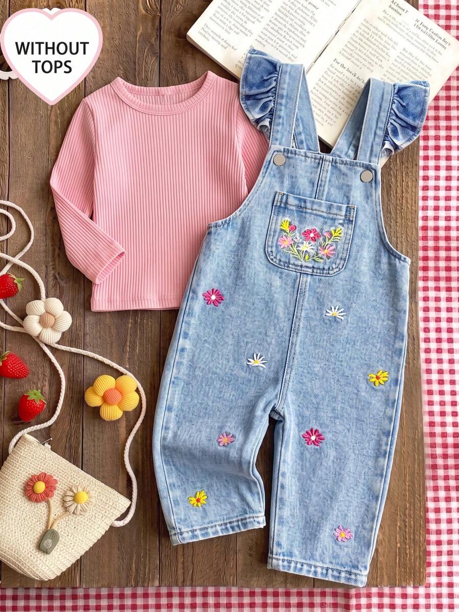 Baby Girl Sweet Floral Embroidered Denim Overalls With 2-Button Adjustable Shoulder Straps, Loose Comfortable Straight Leg Jumpsuit - Light Wash - View 1