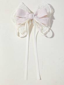2pcs Girls Beige Fabric Double Layer Lace Plaid Bow Ribbon Hair Clips Hair Accessories Head Clips Back Of Head Clips Side Clips Alligator Hair Clips For Daily Use - Apricot - View 5