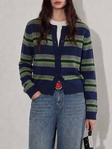 Jaket Kardigan Wanita Kasual Musim Gugur/Dingin Minimalis Retro Motif Garis-Garis Blok Warna Kerah Bulat - Navy Blue - View 6