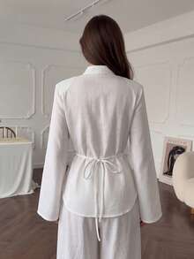 Women's Light Chinese Style Shirt With Frog Buttons And Back Tie Waist - White - View 6