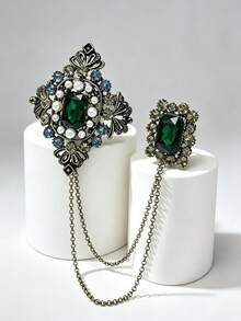 Vintage Royal Green Crystal Chain Double-Head Brooch, Elegant Lapel Brooch Accessory, Suitable For Party And Daily Wear, Women's Jewelry Gift - Ancient Gold - View 1