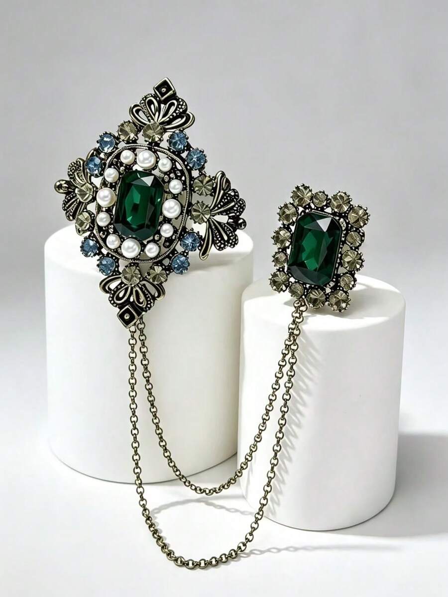 Vintage Royal Green Crystal Chain Double-Head Brooch, Elegant Lapel Brooch Accessory, Suitable For Party And Daily Wear, Women's Jewelry Gift - Ancient Gold - View 1