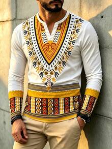 Men's Traditional African Pattern Print Sublimation Long Sleeve V-Neck T-Shirt, Spring/Autumn Shirt - Multicolor - View 2