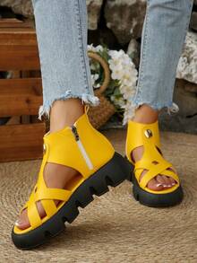 2024 Summer New Thick Sole Platform Slippers With Thin Striped Woven Strap, Comfortable Versatile Sandals - Yellow - View 4