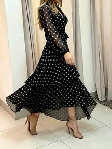 女款優雅波點印花全幅多層蛋糕裙V領長袖浪漫休閒度假洋裝黑色 - 黑色 - 查看 5
