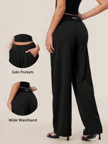 TimeOff Women's 1pc Solid Color Autumn/Winter Pleated Front Side Pocket Straight Leg Wide Leg Pants - Black - View 3