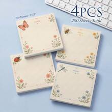 4 Packs 200 Sheets Floral & Insect Sticky Notes 75x75mm 3x3in, Butterfly Bee Ladybug Dragonfly Plant Self-Adhesive Memo Pads, Cute To-Do List Desktop Reminder Stickers For Planner Journal School Office Stationery - 75 X 75 mm - View 1