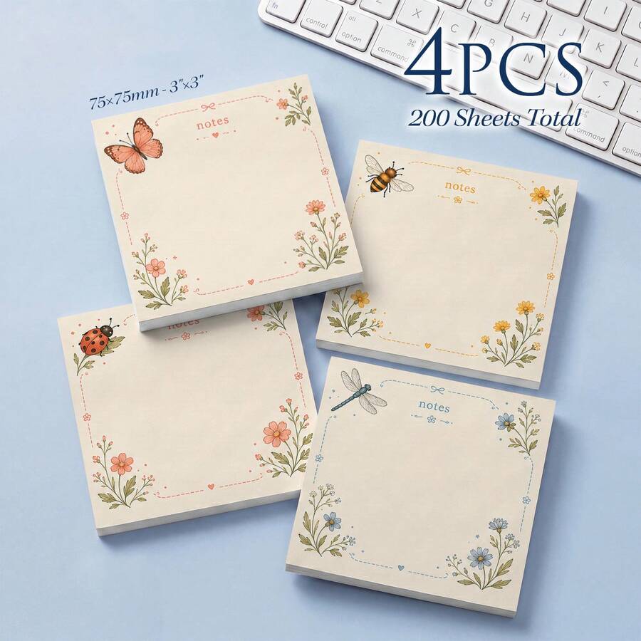 4 Packs 200 Sheets Floral & Insect Sticky Notes 75x75mm 3x3in, Butterfly Bee Ladybug Dragonfly Plant Self-Adhesive Memo Pads, Cute To-Do List Desktop Reminder Stickers For Planner Journal School Office Stationery - 75 X 75 mm - View 1