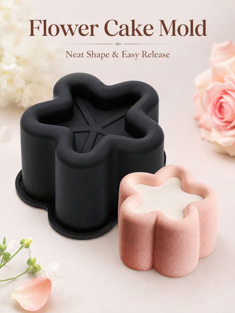1pc Flower-Shaped Cake Mold, Creative Dessert Baking Pan For Mousse, Pudding, Cheesecake, Chocolate, Birthday, Wedding, Party, Home Kitchen, Easy Release, Decorative Baking Tool, Elegant Design - Black - View 1