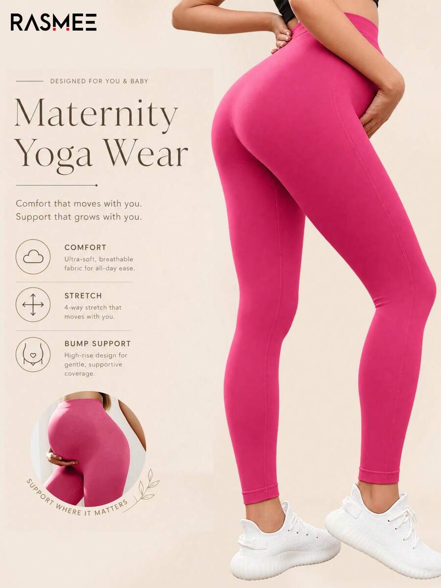 Maternity High Waist Seamless Elastic Solid Color Leggings, Suitable For Casual Daily Wear Pink Spring - Pink - View 1