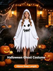 Halloween White Ghost Hooded Cloak Costume, Scary Ghost Face Distressed Cape, Cosplay Outfit, Suitable For Carnival, Masquerade Ball, Haunted House Party - Multicolor - View 2