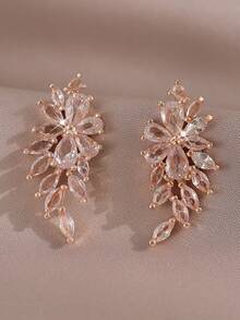 1pair Glamorous Wing Tassel Stud Earrings Luxury Cubic Zirconia Women Earring Suitable For Birthday Dating Festival Gift Copper Jewelry - Rose Gold - View 7