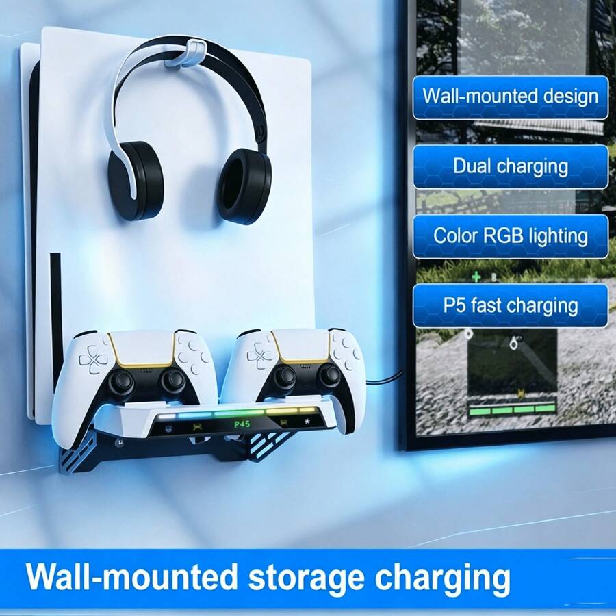 Giá đỡ sạc nhanh gắn tường cho tay cầm P5/Pro/Slim, 9 chế độ RGB + đèn LED chỉ báo đỏ và xanh, thiết kế tích hợp sạc và lưu trữ, nhựa ABS + kim loại màu đen, thiết kế rỗng tản nhiệt, tiết kiệm không gian - Xem 1