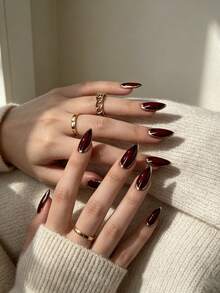 24pcs Medium-Long 3D Burgundy Gold Trim French Style Autumn/Winter Minimalist Gilded Almond Nails + 1pc Jelly Glue + 1pc Nail File - Multicolor - View 2
