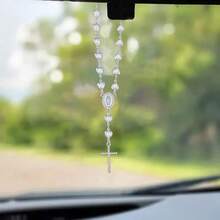 1pc Heart-Shaped Faux Pearl Cross Hanging Ornament, Metal Retro Car Mirror Pendant Decoration - A - View 3