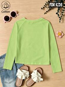 Girls Cotton Raglan Long Sleeve Tee For Fall Winter, Cartoon Rainbow Print With Clouds, Crown, Stars & Hearts, Sweet Preppy School Style - Fruit Green - View 11