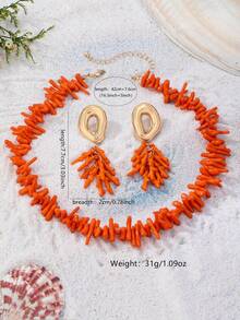 Women's Jewelry Set Bohemian Beach Vacation Faux Coral Necklace & Earrings Set, Suitable For Vacation Wear - Orange - View 3