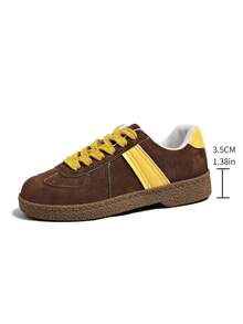 Women's Colorblock Striped Patchwork Soft Sole Lightweight Non-Slip Round Toe Low-Top Lace-Up Flat Sneakers, Retro Casual Sports Style, All-Season Commute Travel Daily Versatile, Multiple Colors Available, Matte Faux Suede Material, Retro Patchwork Sneakers, Leading Fashion - Brown - View 6