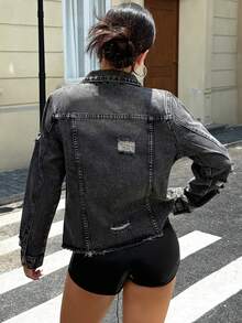 Women's Casual Loose Fit Drop Shoulder Long Sleeve Single-Breasted Denim Jacket, Autumn - Black - View 3