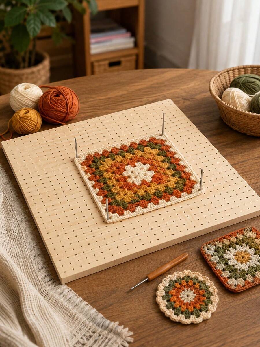1 Set Wooden Crochet Blocking Board With Stainless Steel Pins, Granny Square Blocking Board With Precise Grid Holes, Smooth And Reusable, Suitable For Knitting, Crochet Projects, DIY Crafts, Perfect For Beginners And Experienced Crafters, Gift - Wood Color - View 1