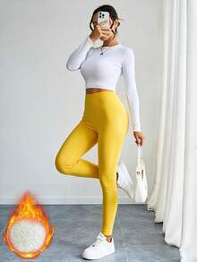 女款高腰保暖內裡緊身褲，保暖緊身褲－運動時保持溫暖舒適 - 黃色 - 查看 6