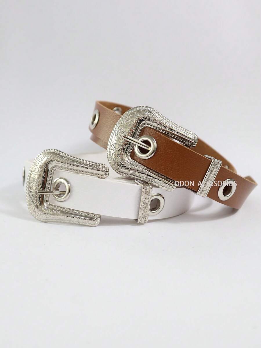 2.5CM Women's Belt With Metal Eyelets Boho Summer Gift - 白色+棕色 - 查看 1