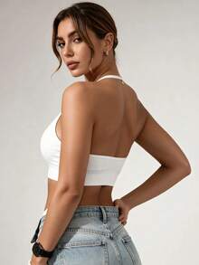Runway Rest 1pc Women's Solid Color Halter Neck Sports Bra, Removable Padding Fitness Yoga Backless Comfortable Sports Underwear - White - View 2