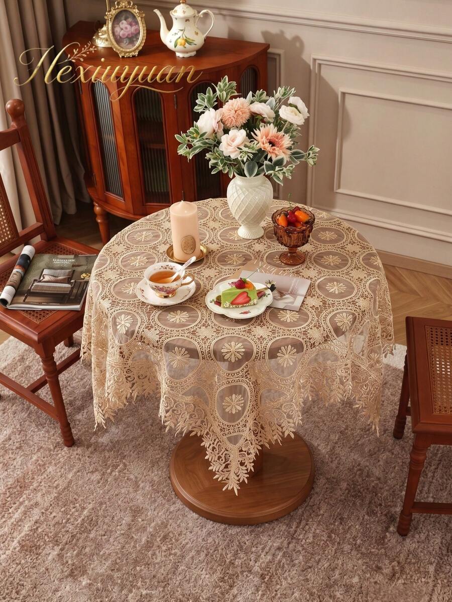 HXARTMIS 1件優雅復古棕色蕾絲桌布,刺繡花卉網格桌巾,浪漫鏤空設計,適合餐廳、廚房、婚禮派對與居家裝飾 - 咖色 - 查看 1