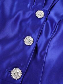 AOMEI Elegant Royal Blue Satin Peplum Church Dress Long Sleeve Rhinestone Button Trim Bodycon Midi Dresses Office Formal Party Outfit Fall New - Blue - View 3