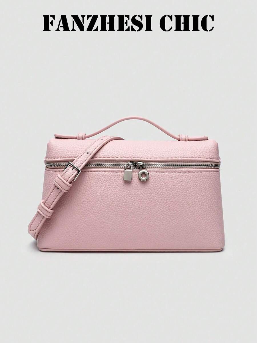 Lychee Textured Box Bag Handbag Zipper Closure Minimalist Style Handheld Crossbody Dual-Use Square Body Can Hold Phone Lipstick Keys Suitable For Commuting Work Dating Shopping Daily Outings - Baby Pink - View 1