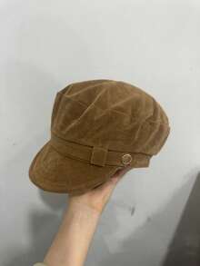 1pc Women's Vintage Faux Suede Octagonal Newsboy Cap, Gold Button Flat Top Baker Boy Hat, Suitable For Autumn/Winter Outfits - A - View 8