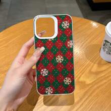 HANCAI 1pc Red & Green Christmas Argyle Snowflake Embroidery Print Phone Case, Large Window Lens Frame Full Coverage Soft Shell, Compatible With IPhone 17/17Pro/17ProMax/16/16Plus/16ProMax/16e/15ProMax/11/12/12Pro/12ProMax/13/13Pro/13ProMax/14/14Pro/14ProMax, Christmas Holiday Vibe Shockproof Phone Protective Cover - White Frame, Sand White - View 3