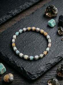 Men's Square Natural Stone Bead Elastic Bracelet, Vintage Stackable Stretch Wristband, Casual Daily Accessory - Bracelet - View 1