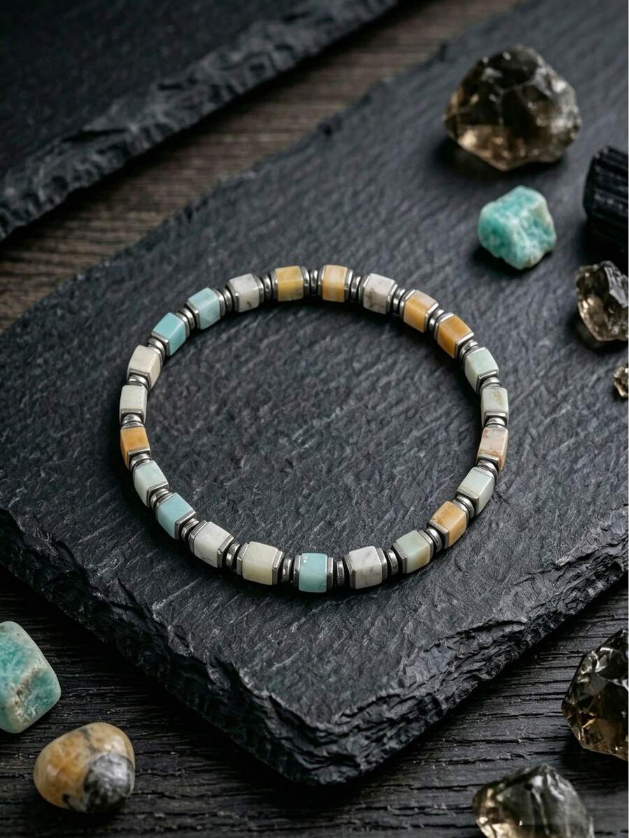 Men's Square Natural Stone Bead Elastic Bracelet, Vintage Stackable Stretch Wristband, Casual Daily Accessory - Bracelet - View 1