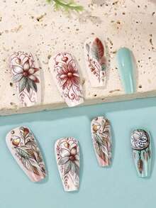 24 PCS Of Medium-Sized Ballet-Style Fake Nails, Colorful Feather-Draped Wearable Nail Pieces, High-End Glossy Wearable Nails From Europe And America, A Fully Covered And Detachable Ladies' Manicure Set, Suitable For Parties, Dances And Daily Wear - Multicolor - View 4