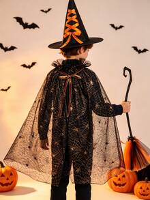 2 Sets Halloween Cape Set Spider Web Mesh Cape Set Witch Hat Witch Broom Set - Multicolor - View 7