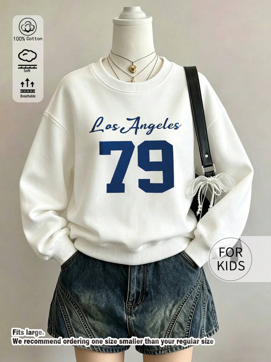 Tween Girl Crewneck Sweatshirt, Los Angeles 79 Number Letter Printed Cotton Pullover, Soft Breathable Casual Top - White - View 1