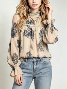 YUXIN Modern Elegant Women's Paisley Print Blouse, Ruffle Trim Faux Collar Lace Patchwork Bishop Sleeve Top, Autumn/Winter Daily Commute & Vacation Wear - Khaki - View 4