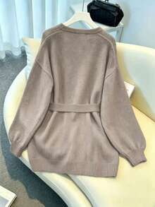 Plus Size Women's Vintage Autumn/Winter Lace-Up Front Knit Cardigan, Loose Lantern Sleeve Open Front, Suitable For Daily Wear - Khaki - View 2