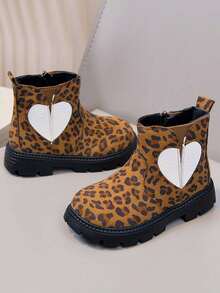 Leopard Print Heart Patchwork Children's Short Boots, Girls' Autumn/Winter New Style Thermal Lined Warm Boots With Side Zipper And Anti-Slip Sole - Brown - View 6